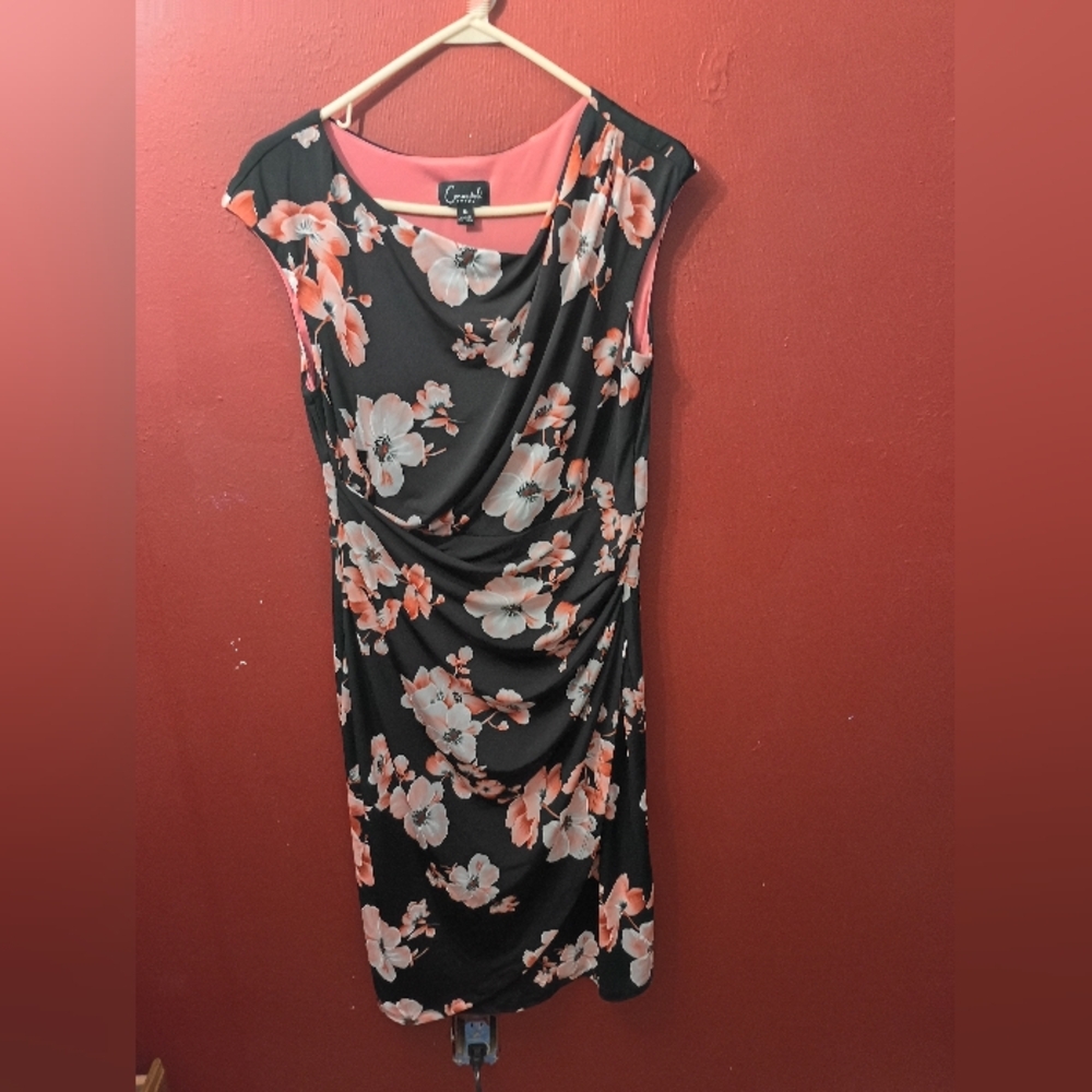 Connected Apparel Black and Pink Floral Midi Dress